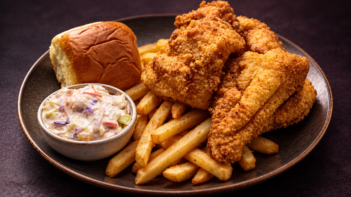 Lavender Blue fried catfish with fries and slaw